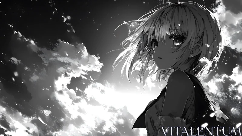 Melancholic anime girl gazes into a stormy, glowing sky