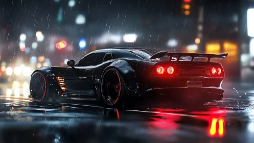Widebody sports car under neon rain with reflective wet asphalt