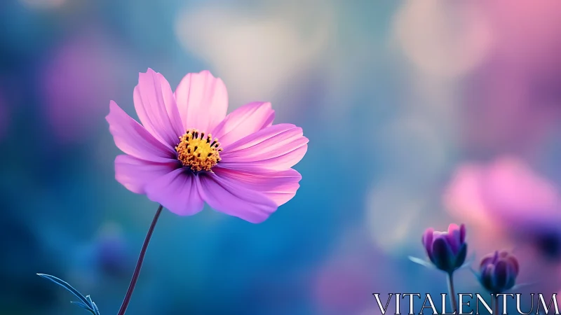 Magenta Cosmos Flower Blooms Through Dreamy Blue Haze.