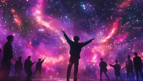 Starlit silhouettes share a radiant galaxy sky together