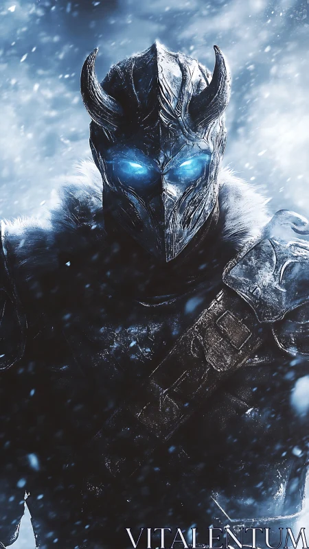 Horned ice warrior framed in blizzard with glowing blue eyes