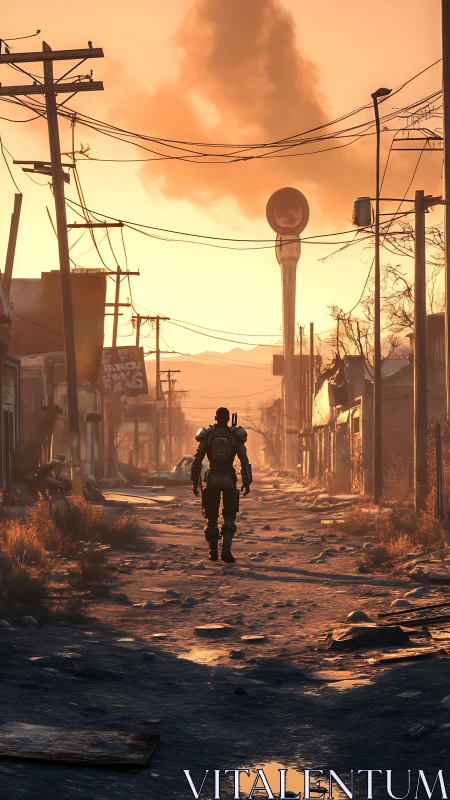 Armored wanderer crossing sunlit post-apocalyptic street.