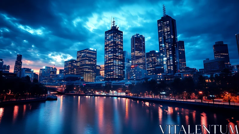 Cyberpunk riverfront skyline with neon teal-orange contrast.