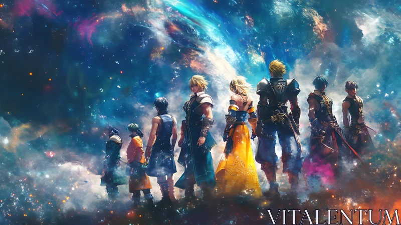 Stargazing heroes gathered on a shimmering cosmic horizon.