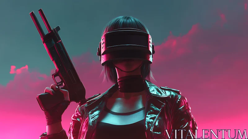 Cyberpunk vigilante stands under neon sky with shotgun ready.