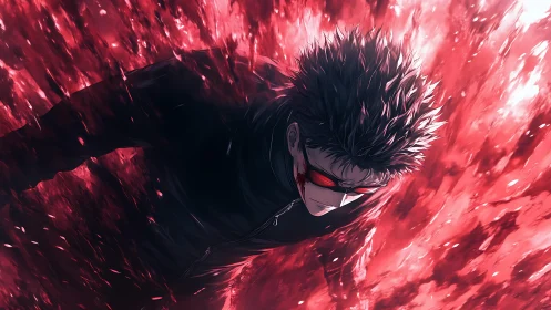 Dark haired figure with red energy surge in motion field.