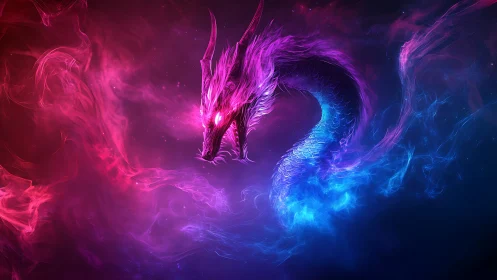 Bicolor cosmic dragon formed from neon fire and mist.