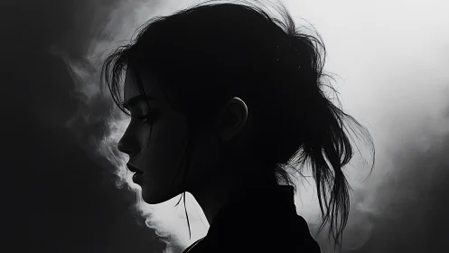 Monochrome female profile silhouette in dramatic backlit smoke
