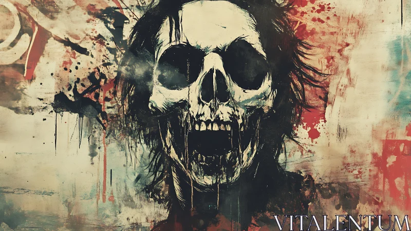 Skull faced figure on distressed abstract painted background.