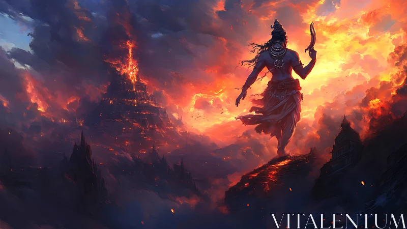 Fiery sky warrior strides above a burning volcanic realm