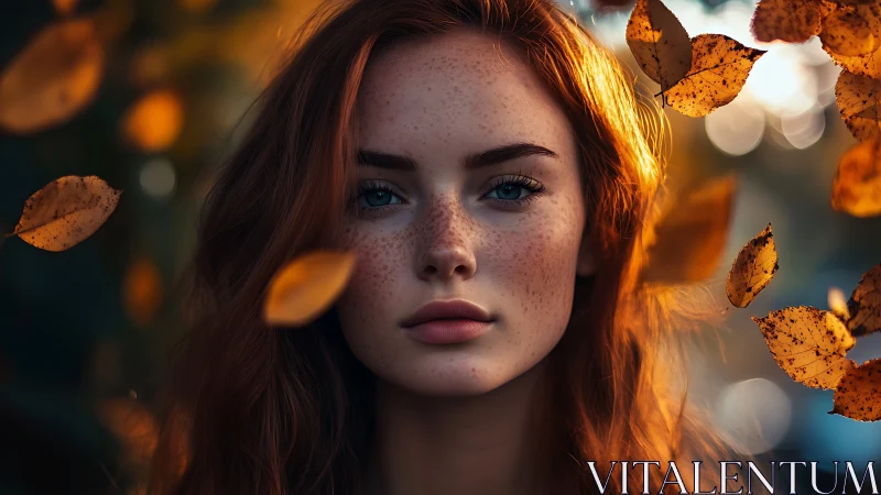 Autumn-lit redhead portrait amid drifting golden leaves.