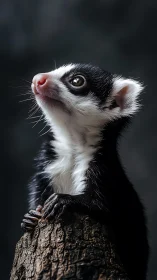 Young black and white lemur gazing upward on tree perch.