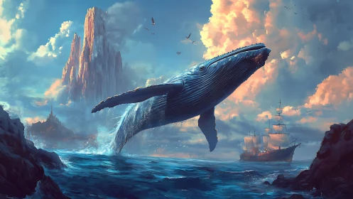 Majestic breaching whale soars beside tall ships at sunrise