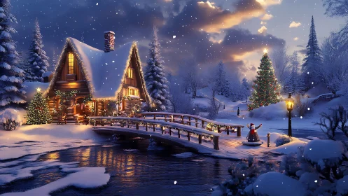 Digital painting of illuminated winter cabin and festive bridge.