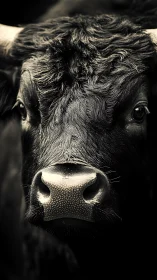 Close-up portrait captures the intense gaze of a bull.