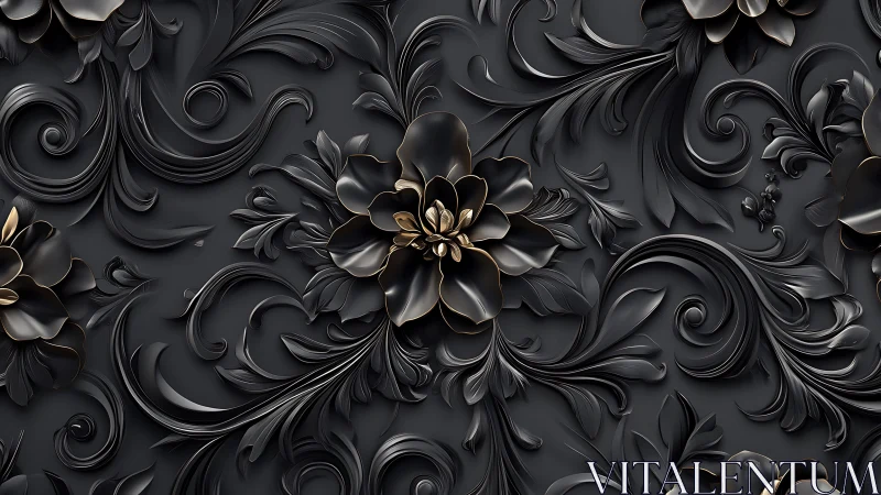Ornamental black floral relief with gilded botanical centerpiece.