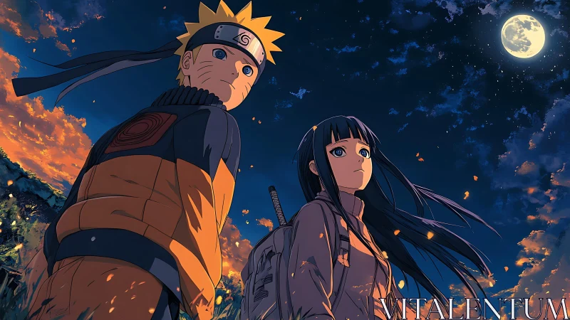 Two anime figures stand under a detailed moonlit sky