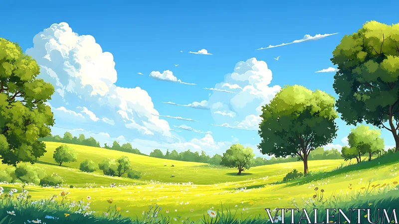 Sunlit meadow with layered cloud masses and stylized foliage