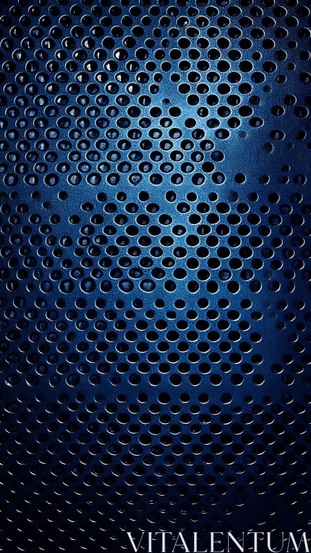 Perforated blue metal grid with rhythmic gradient lighting.