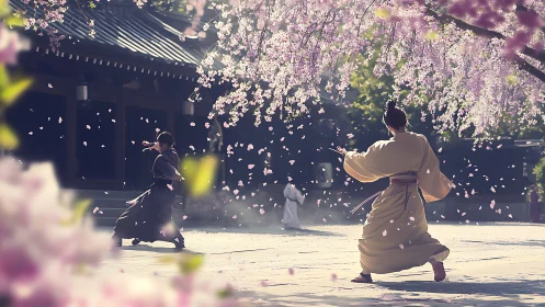 Samurai duel drifts through cascading temple cherry blossoms.