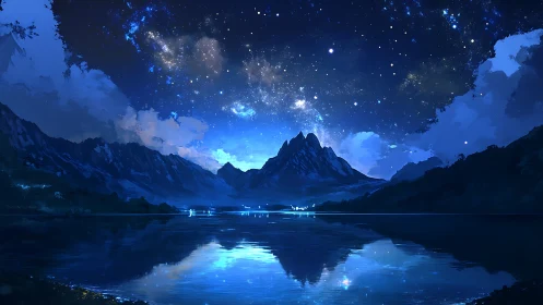 Mountain lake under starry night sky with reflected peaks.
