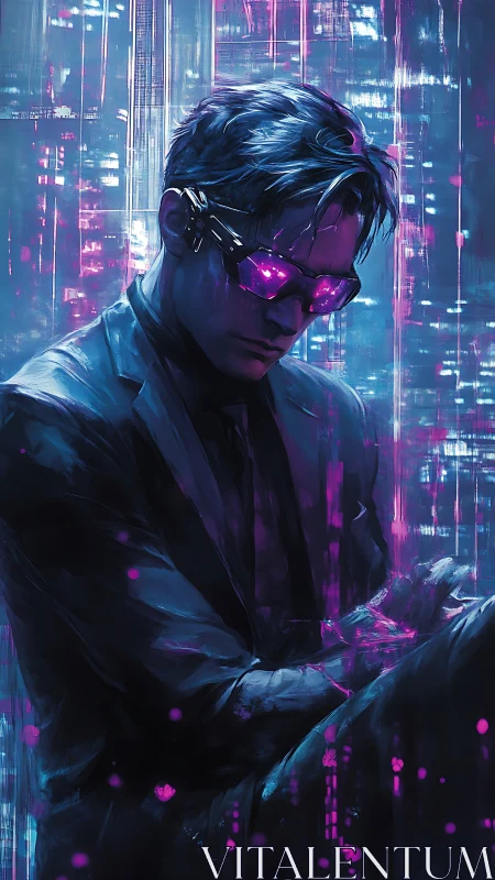 Cyberpunk hacker with neon visor in glowing cityscape.