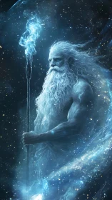 Cosmic elder holding starlit staff in a swirling galaxy.