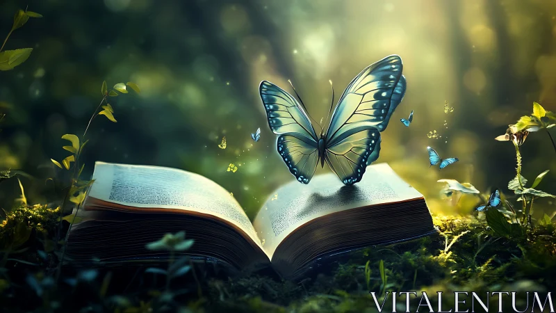 Open book with luminous butterflies in forest clearing.
