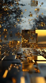 Golden geometric cubes in reflective abstract environment.