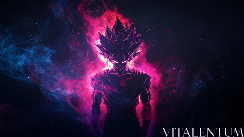 Cosmic warrior silhouette blazing in neon galactic aura.