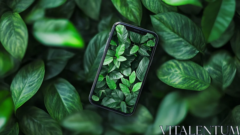 Smartphone screen camouflages within dense green foliage pattern