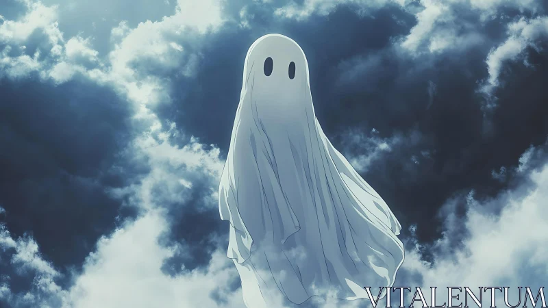 Softly bewildered ghost drifts alone through brooding clouds