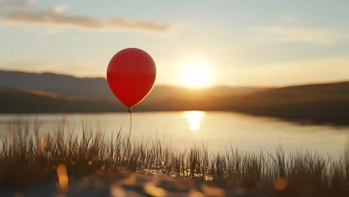 Red balloon with subsurface shading over backlit lakeshore grass