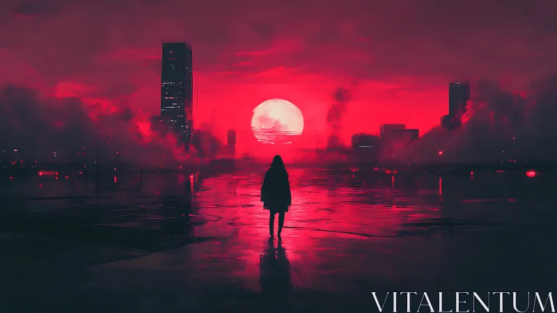 Lone silhouette crossing a neon crimson mirror cityscape.