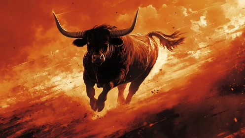 Charging bull storms through blazing orange dust field