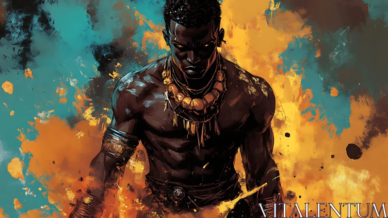 Male warrior figure in abstract teal and orange field.