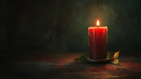 Solitary holly‑crowned crimson candle guards winter hush.