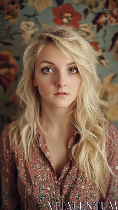 Portrait of blonde woman against patterned floral backdrop.