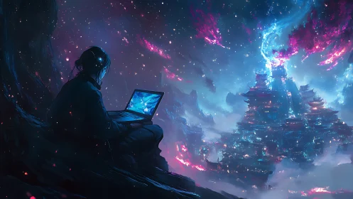 Lone coder with laptop overlooking neon cosmic cityscape.