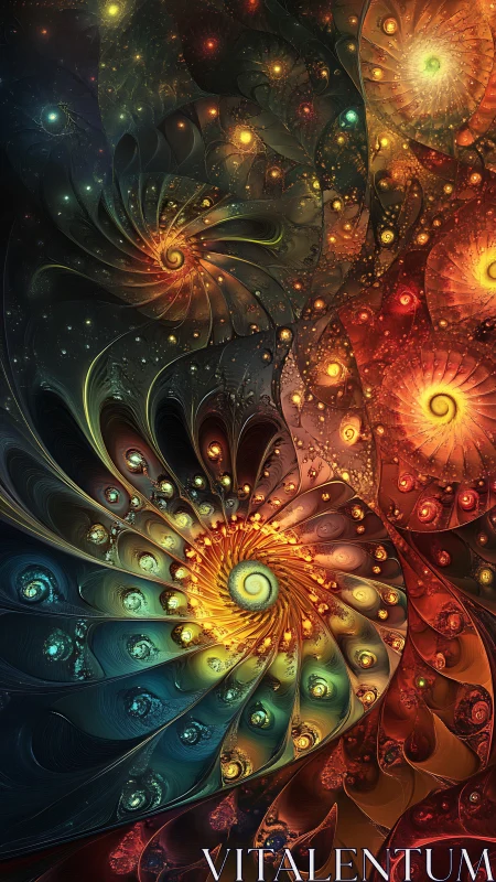 Radiant fractal spirals unfold in luminous cosmic color.