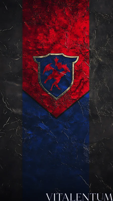 Cracked red banner shields blue knight emblem center