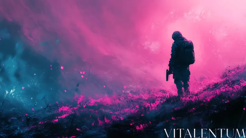 Lone soldier in neon wasteland under radiant pink sky.