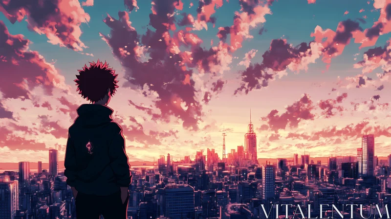Anime cityscape sunset with lone silhouetted figure.
