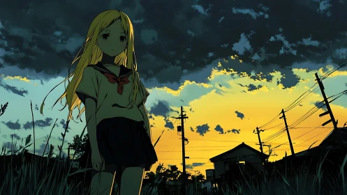 Silhouetted schoolgirl stands before backlit sunset sky