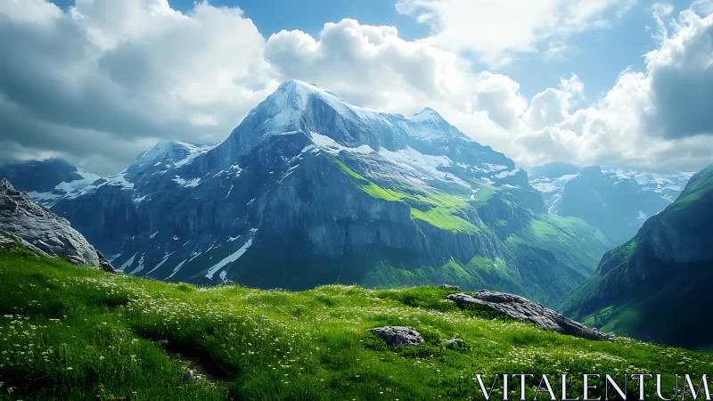 Snowcapped alpine peaks rise above a sunlit green valley.