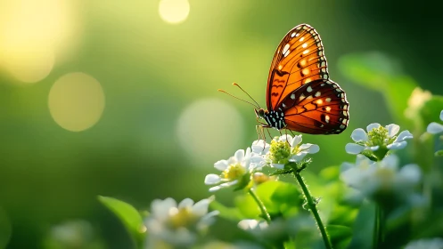 Orange butterfly rests on white wildflowers at sunrise.