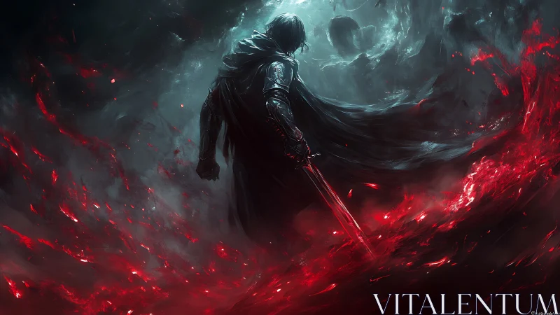 Dark warrior amid crimson storm in ethereal voidscape.