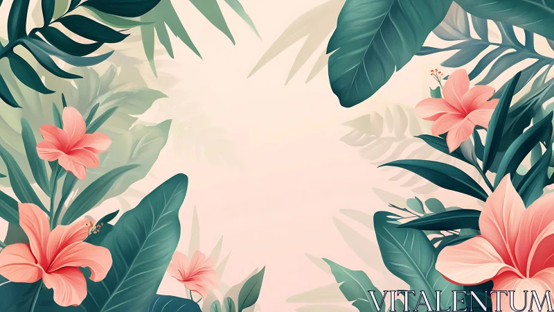 Tropical Floral Composition with Hibiscus Flowers and Layered Foliage Elements