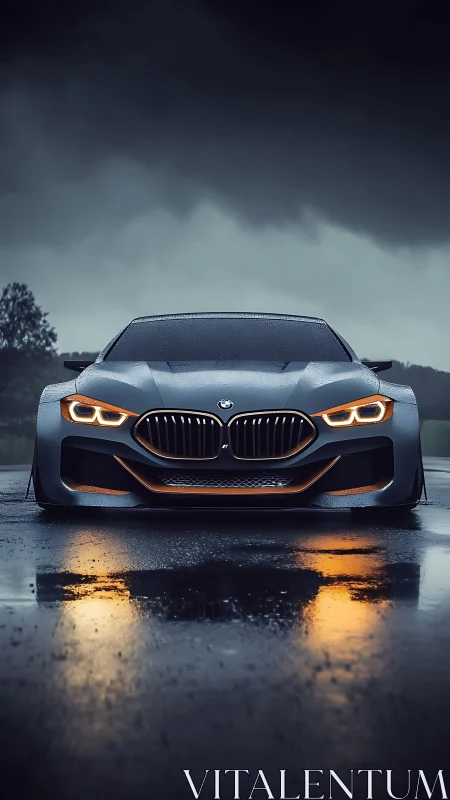 Stormlit Bavarian beast stares down the rain-soaked road