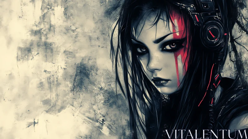 Neon warpaint hacker girl wired into stormy grayscale void.